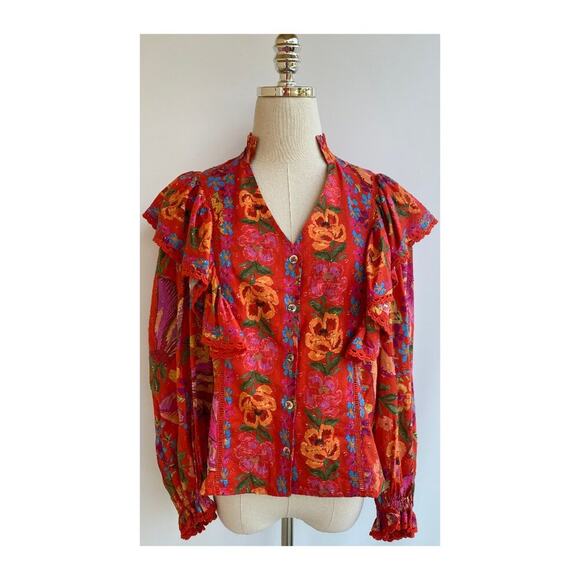 Farm Rio Bananas Ruffle Clip Dot Textured Cotton Blouse RED Puff Sleeve XS - Picture 7 of 16